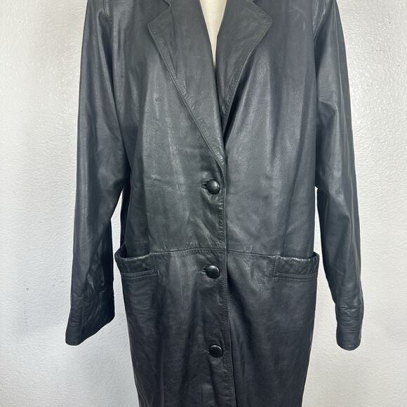 Jacqueline Ferrar Leather Trench Coat Women Large Black Matrix Longline VIntage - Picture 5 of 14